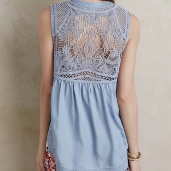 Anthropologie Holding Horses Chambray Crochet Buttoned Sleeveless Blue Top Size4 - Picture 3 of 15